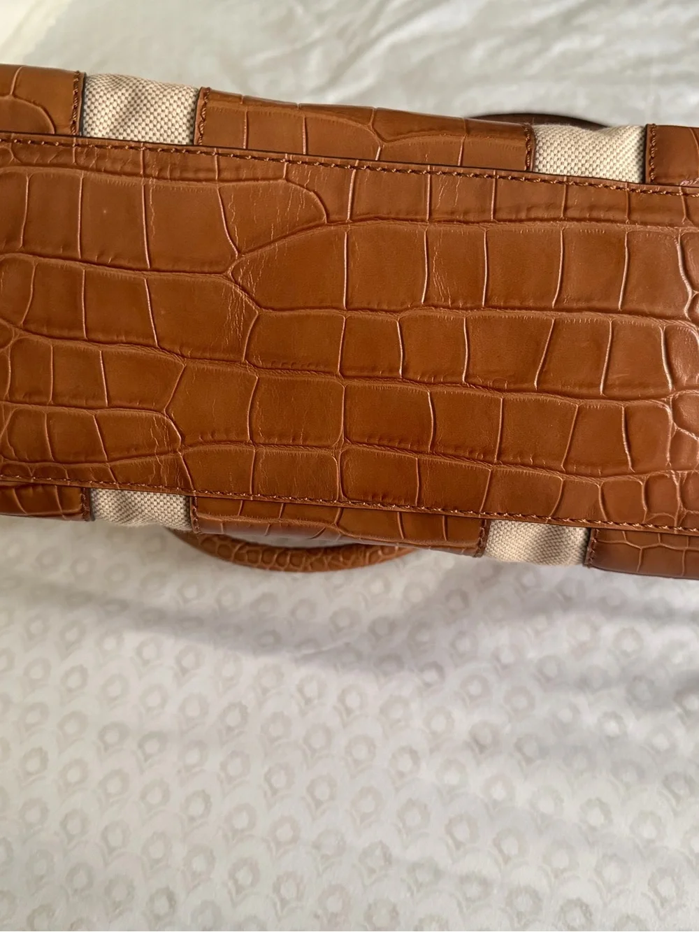 Michael Kors Hamilton Large Tote Bag Brown Croc Embossed Beige Canvas Gold MK